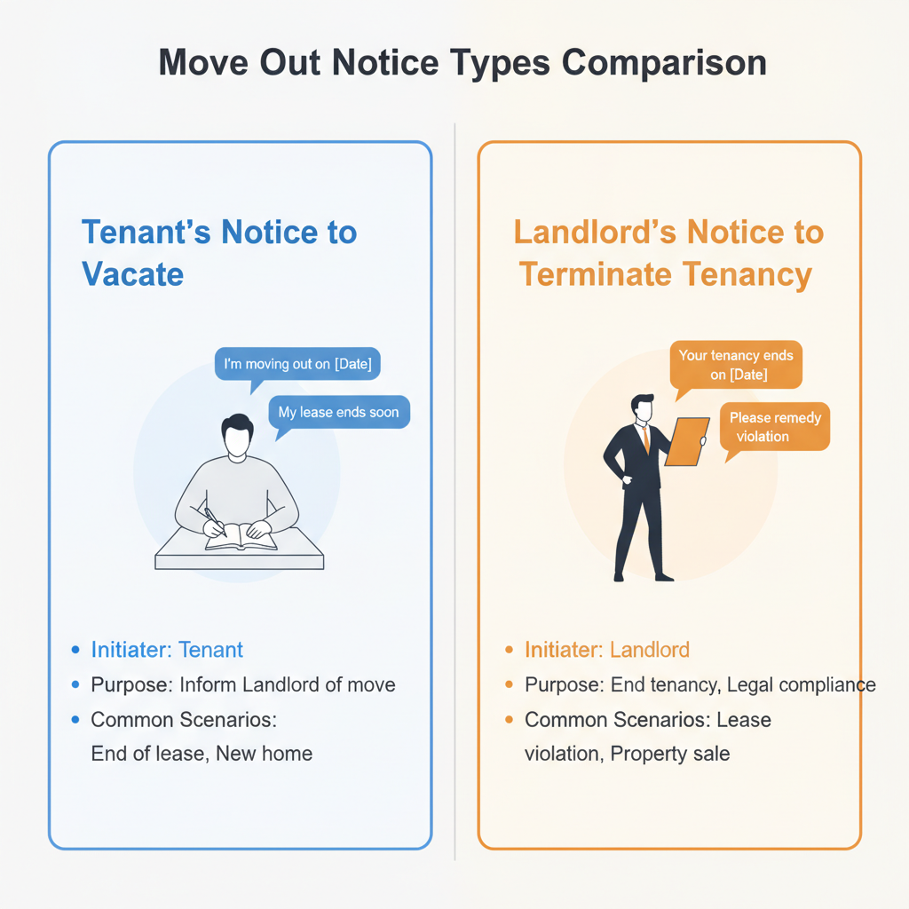 Comparison of tenant's notice to vacate and landlord's notice to terminate tenancy, highlighting who issues each and their primary purpose.
