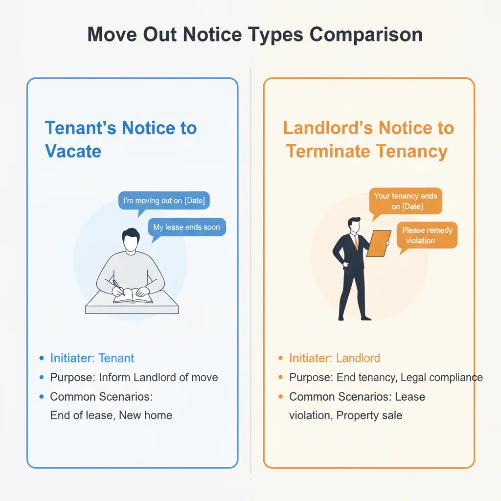 Comparison of tenant's notice to vacate and landlord's notice to terminate tenancy, highlighting who issues each and their primary purpose.