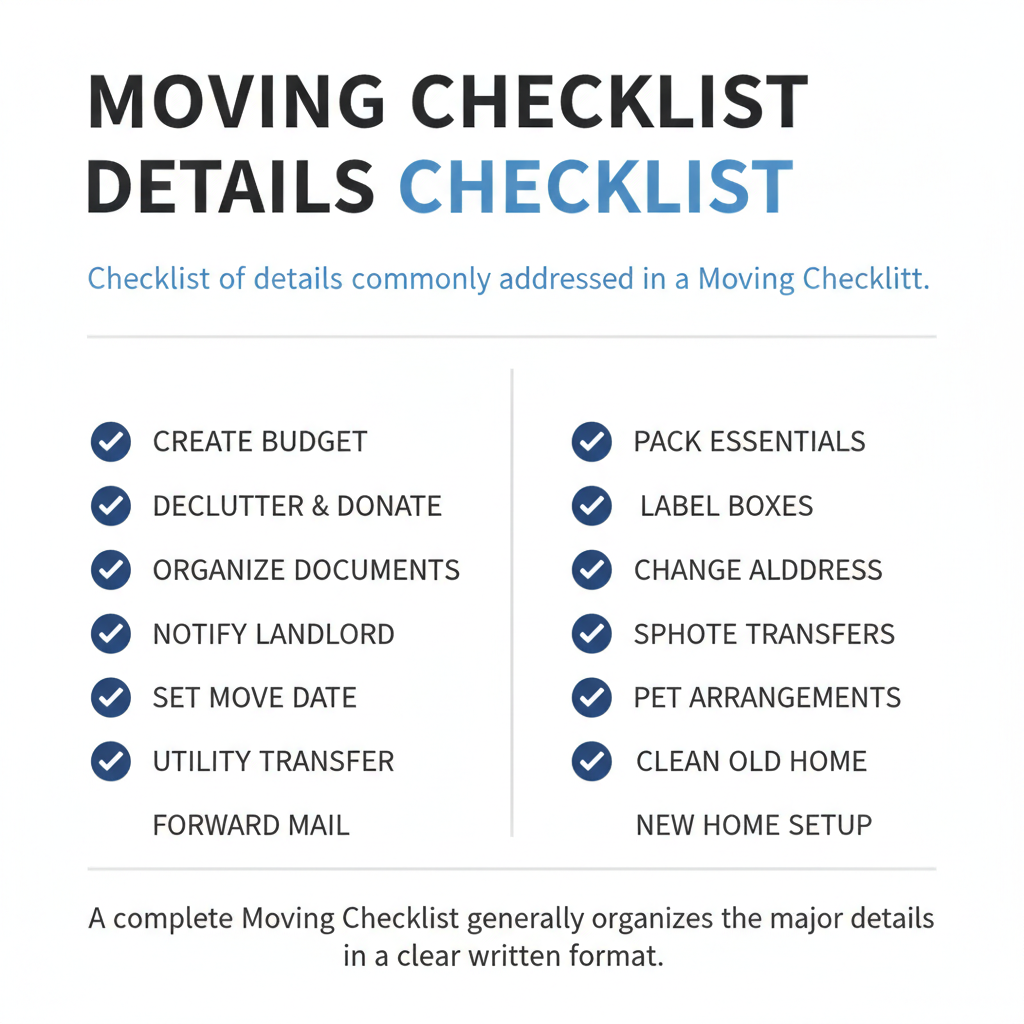 Checklist of details commonly addressed in a Moving Checklist.