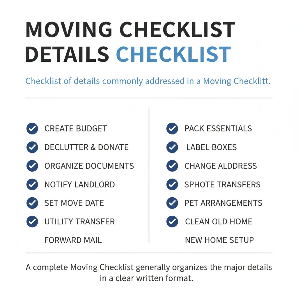 Checklist of details commonly addressed in a Moving Checklist.