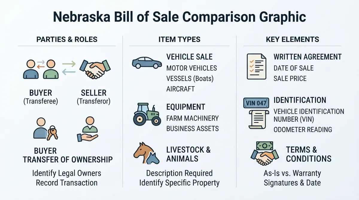 Comparison graphic explaining concepts related to a Nebraska Bill of Sale.