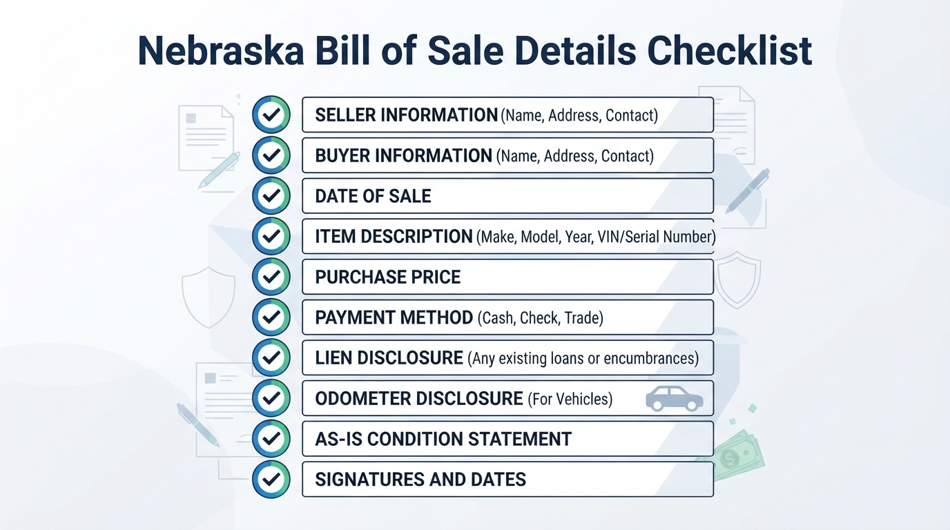 Checklist of details commonly addressed in a Nebraska Bill of Sale.