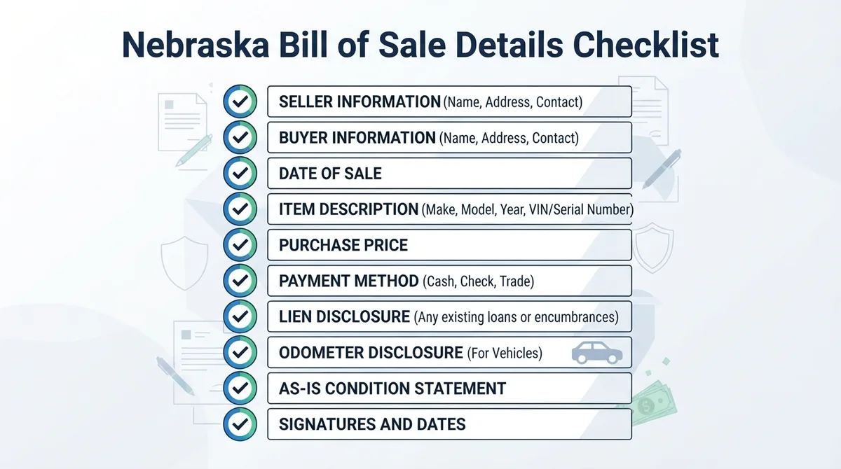 Checklist of details commonly addressed in a Nebraska Bill of Sale.