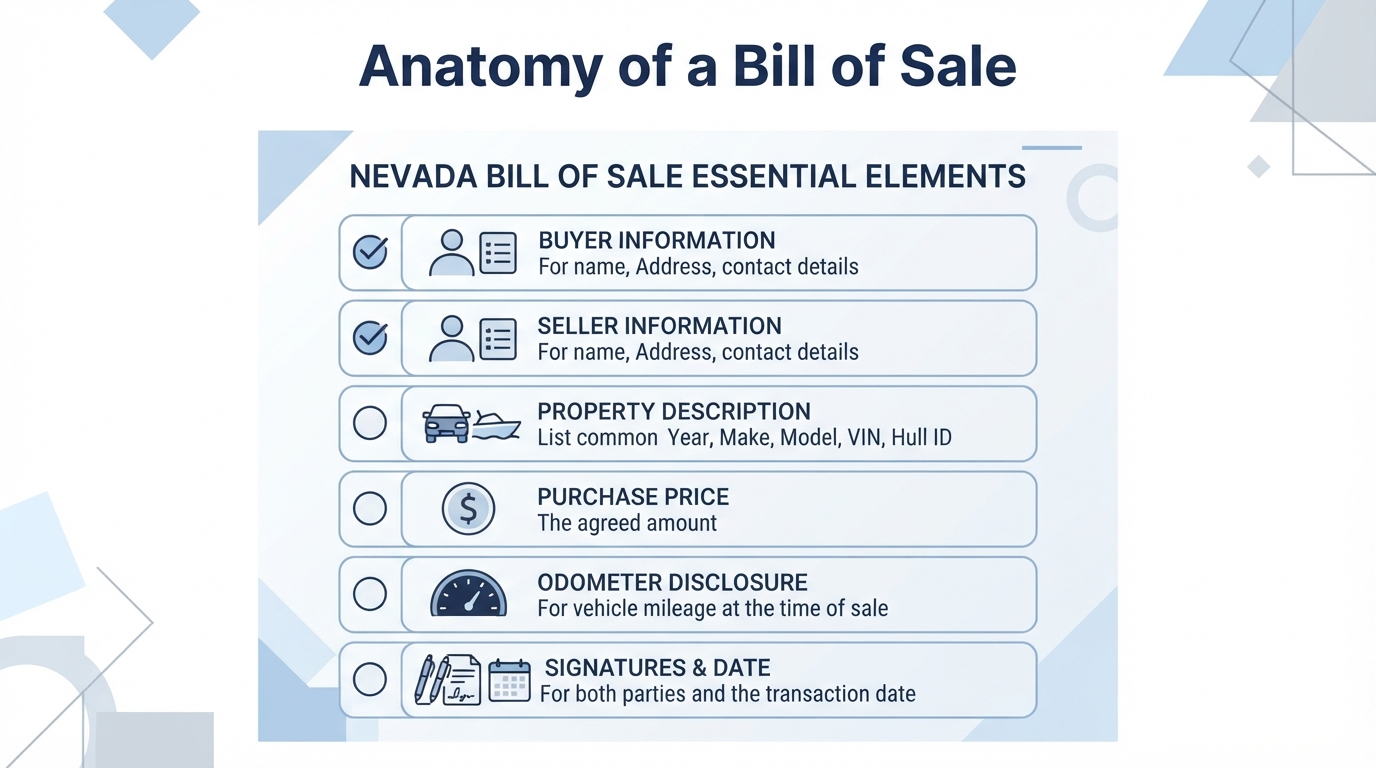 Checklist of essential elements required for a Nevada Bill of Sale