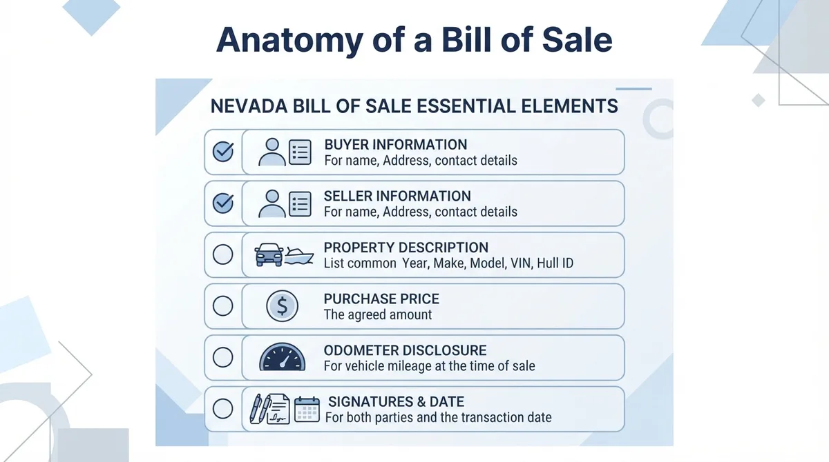 Checklist of essential elements required for a Nevada Bill of Sale
