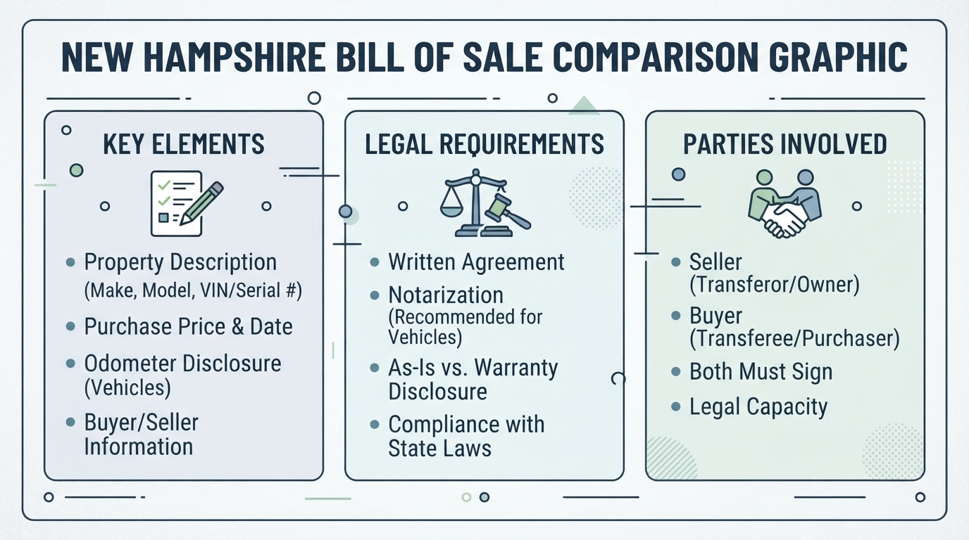 Comparison graphic explaining concepts related to a New Hampshire Bill of Sale.