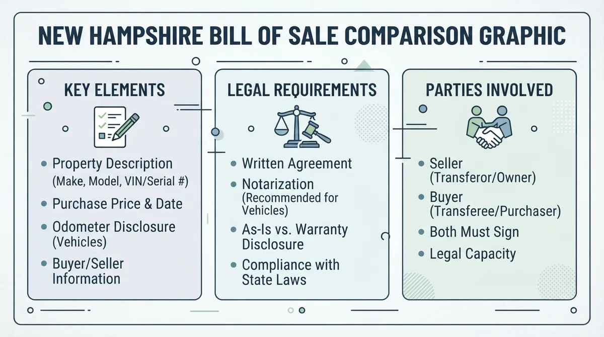 Comparison graphic explaining concepts related to a New Hampshire Bill of Sale.
