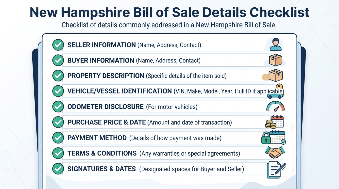 Checklist of details commonly addressed in a New Hampshire Bill of Sale.