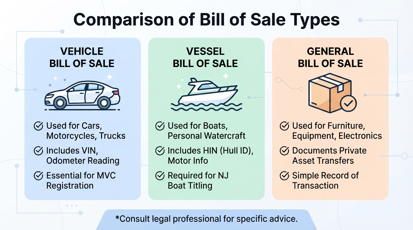 Comparison of vehicle, vessel, and general bill of sale types