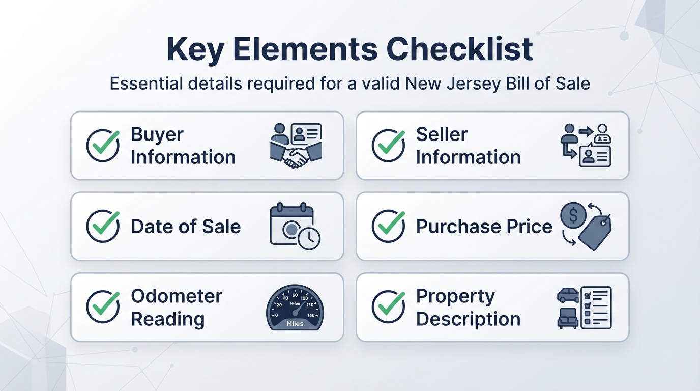 Checklist of required elements for a New Jersey Bill of Sale