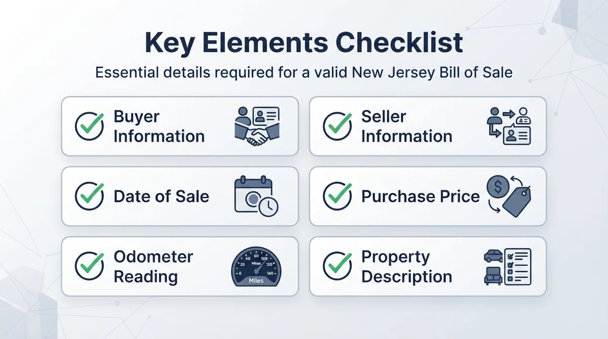 Checklist of required elements for a New Jersey Bill of Sale