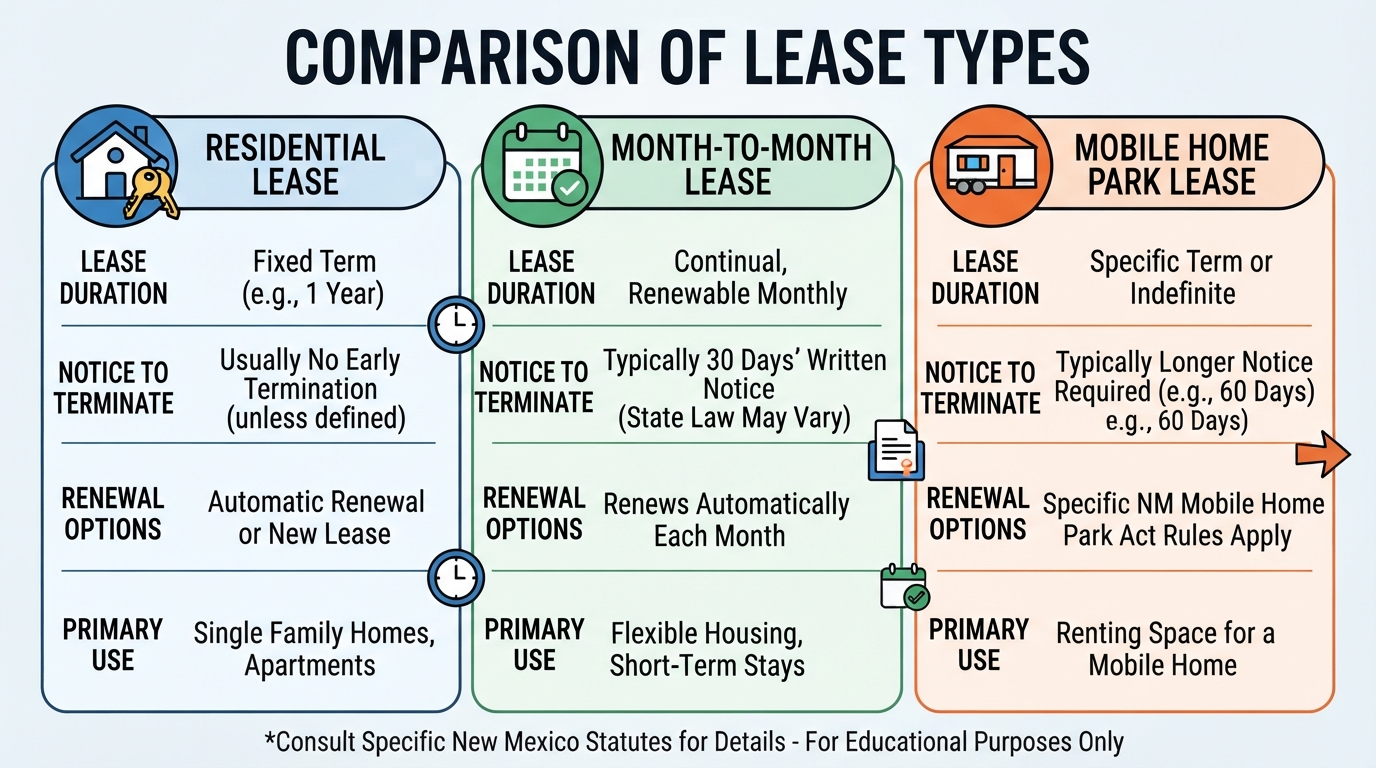 Comparison chart of different New Mexico lease agreement types.