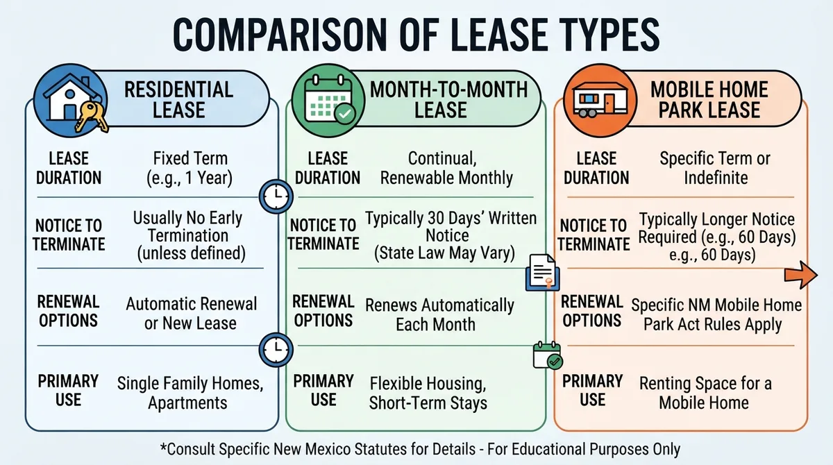 Comparison chart of different New Mexico lease agreement types.