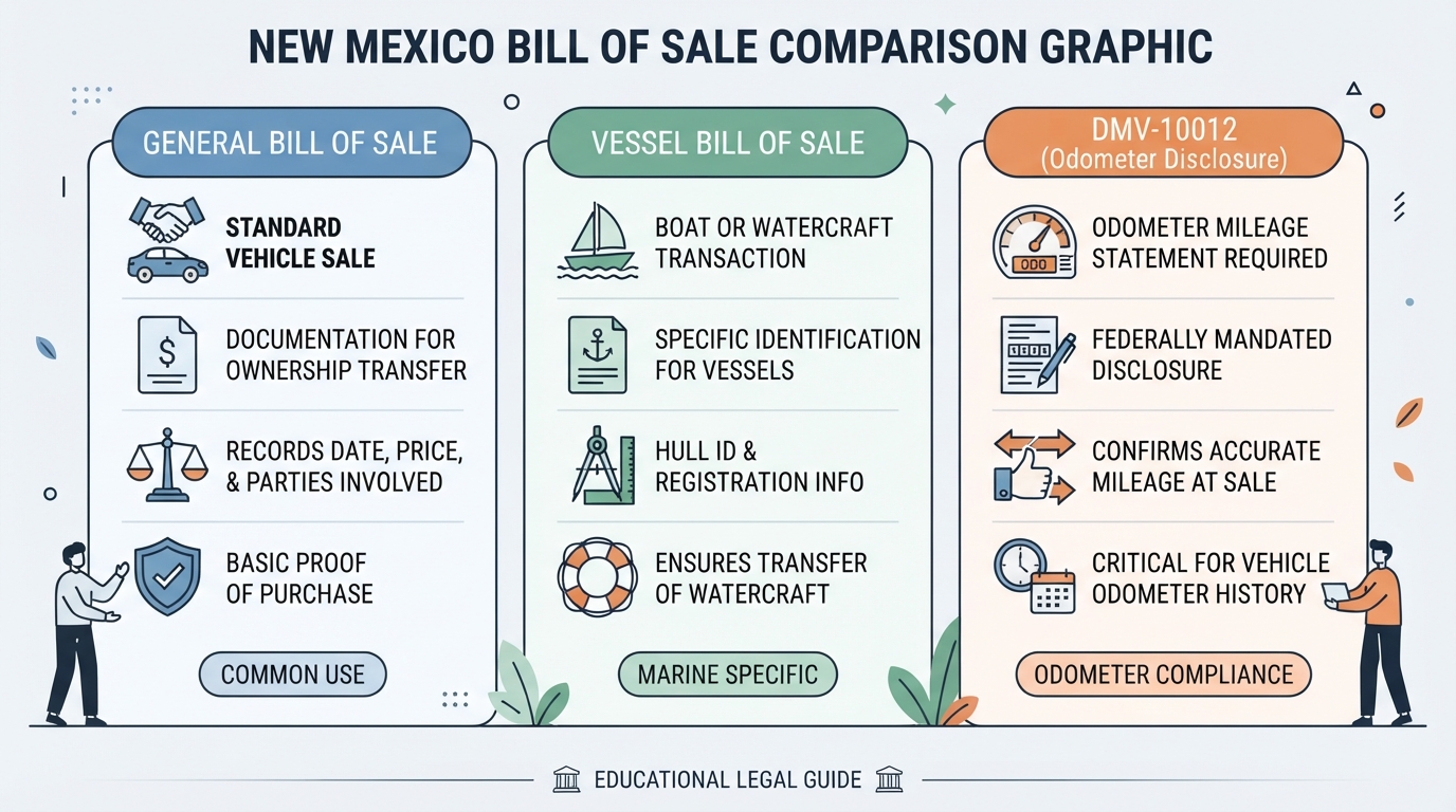Comparison graphic explaining concepts related to a New Mexico Bill of Sale.
