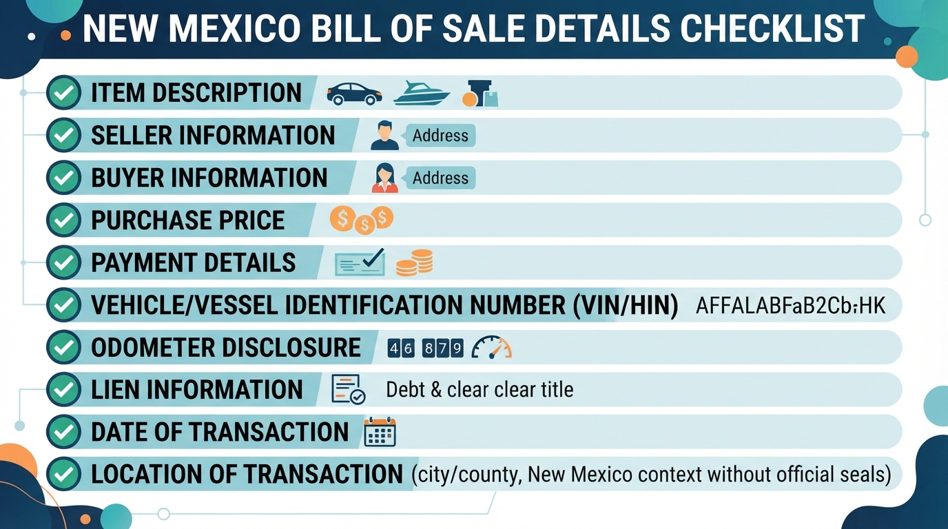Checklist of details commonly addressed in a New Mexico Bill of Sale.