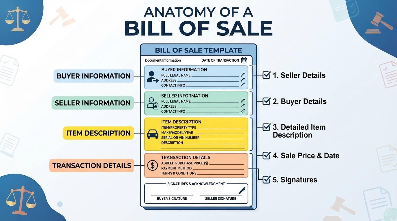 Visual diagram highlighting the required sections of a bill of sale.