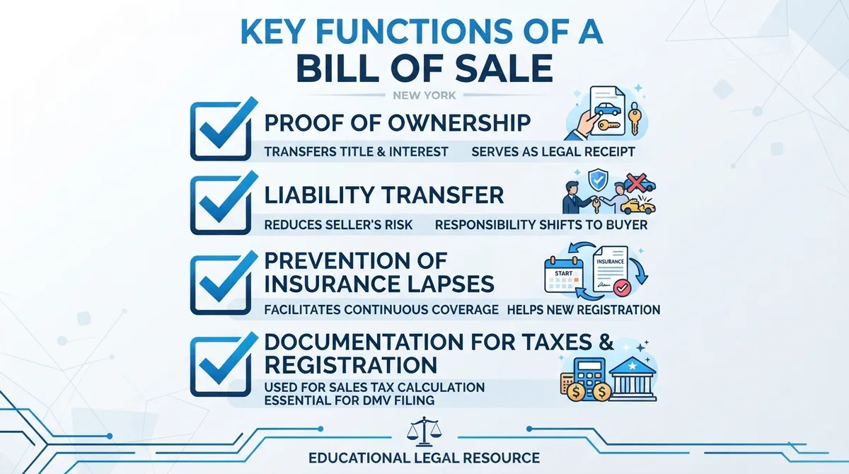 Checklist of the primary functions of a New York Bill of Sale.