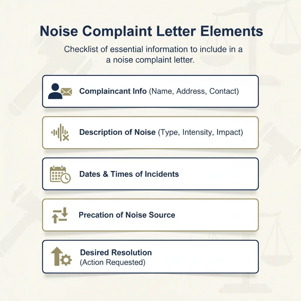 Checklist of essential information to include in a noise complaint letter.