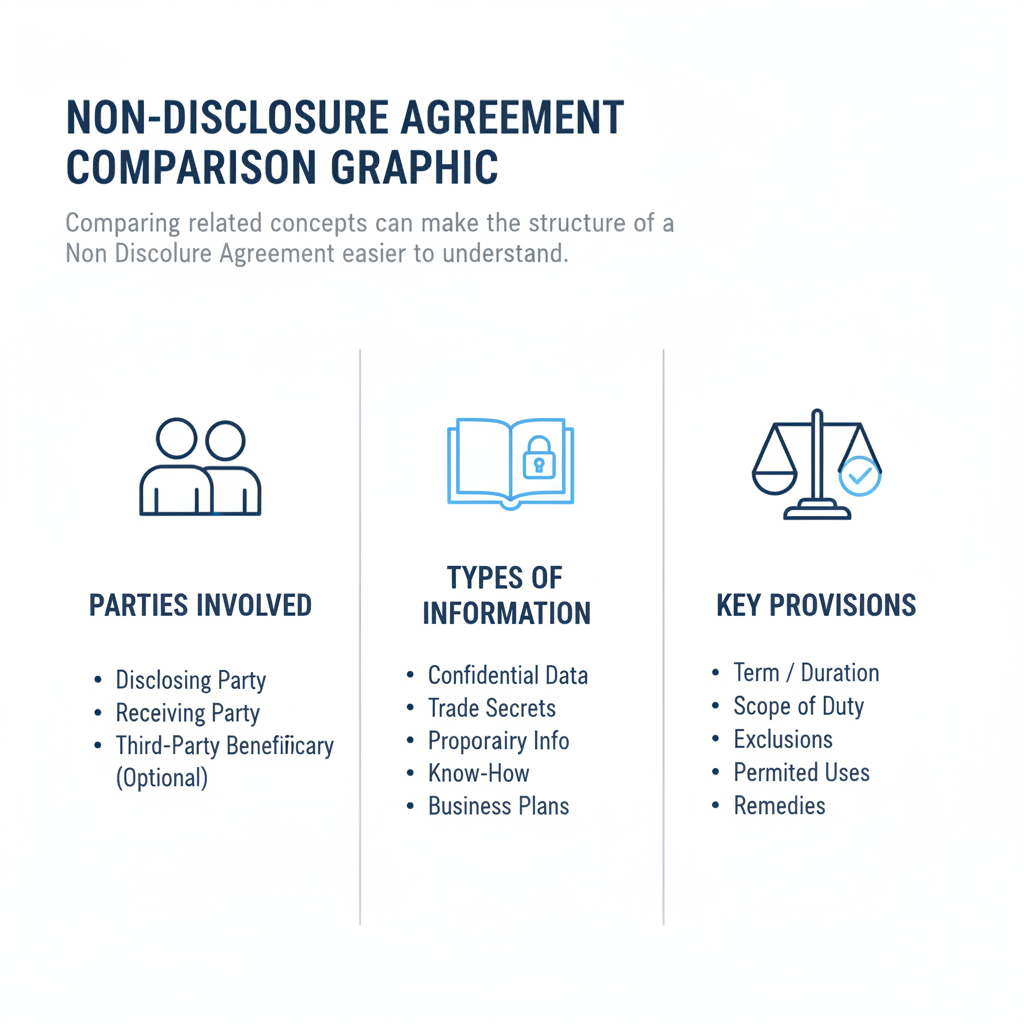 Comparison graphic explaining concepts related to a Non Disclosure Agreement.