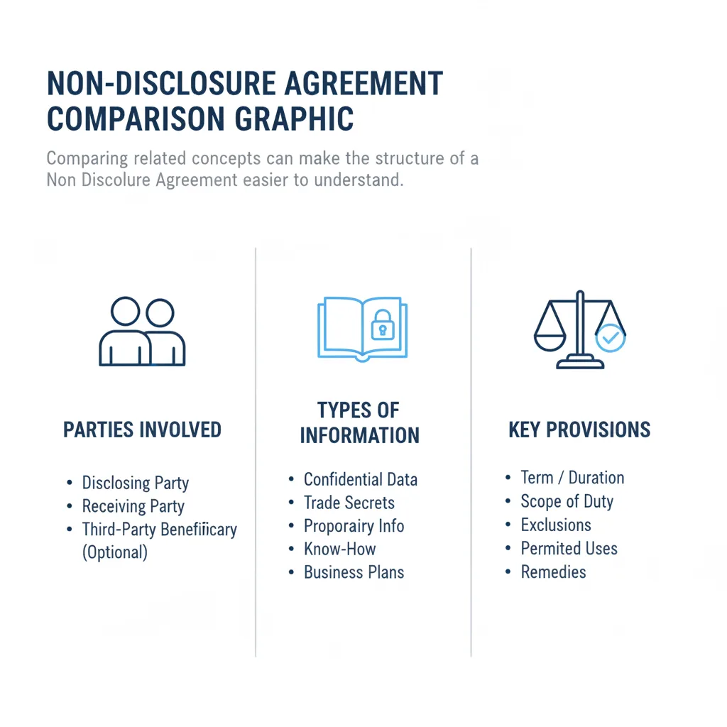 Comparison graphic explaining concepts related to a Non Disclosure Agreement.