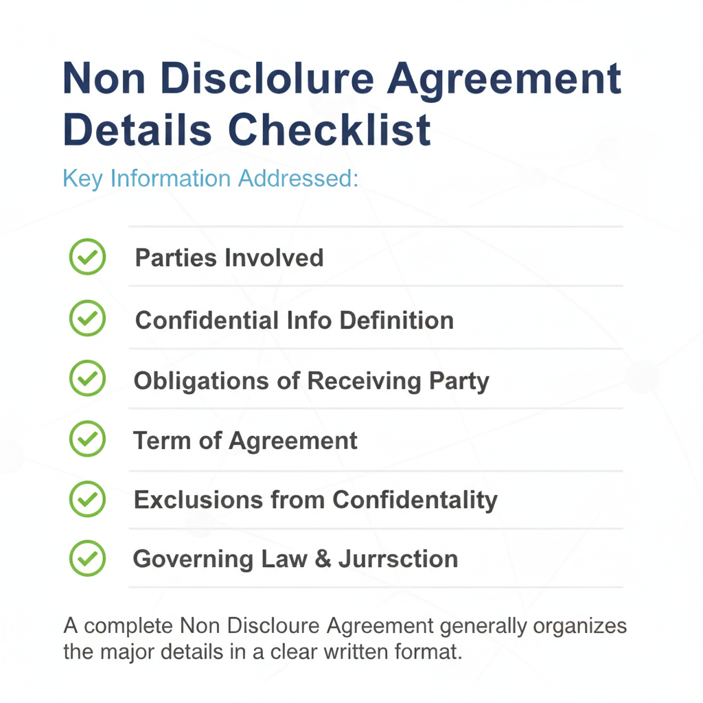 Checklist of details commonly addressed in a Non Disclosure Agreement.