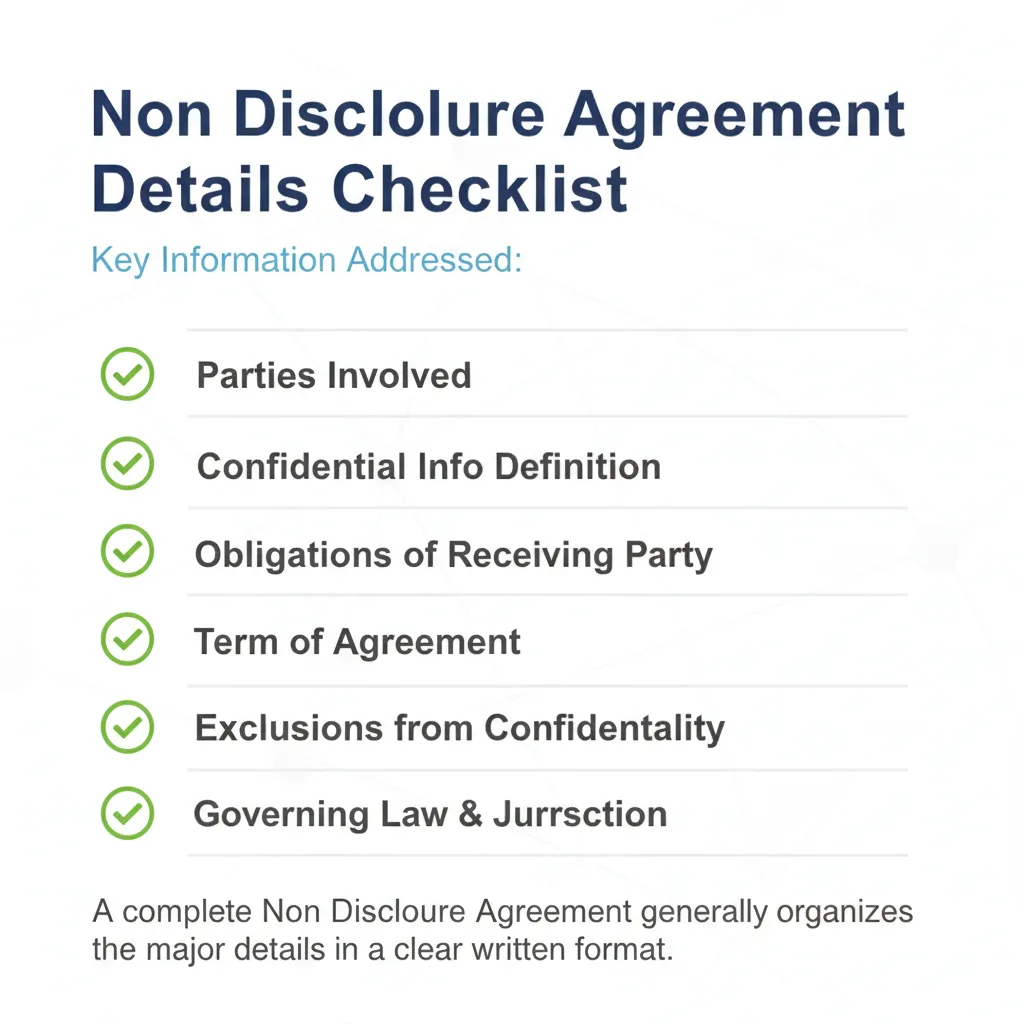 Checklist of details commonly addressed in a Non Disclosure Agreement.