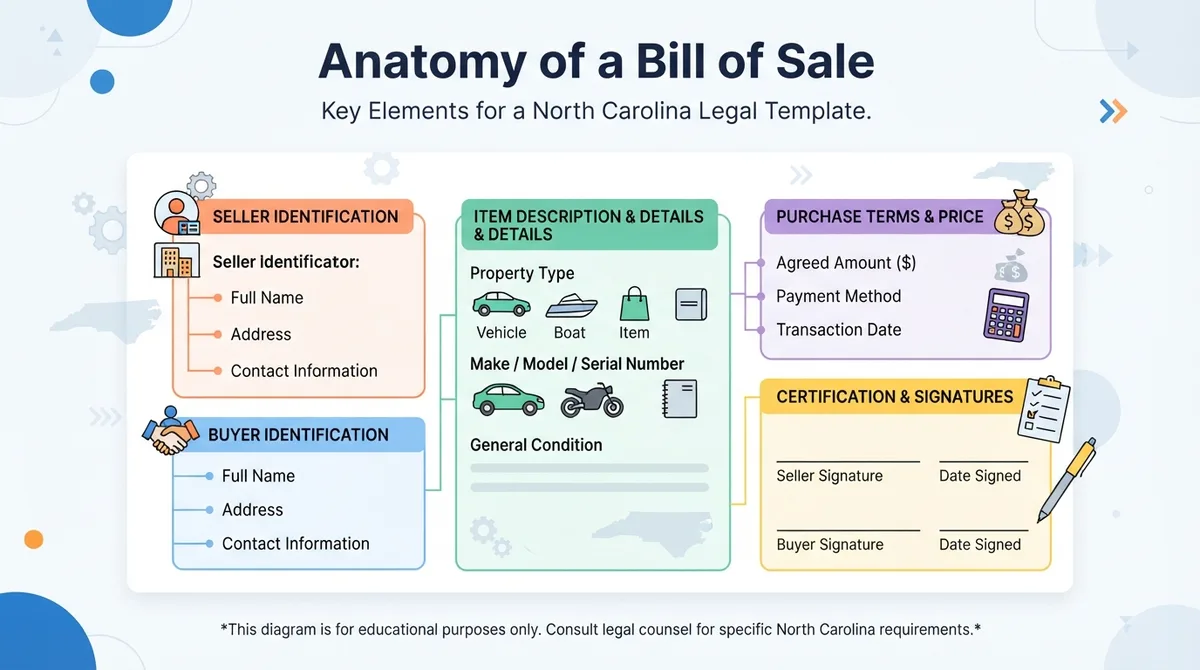 A diagram showing the standard layout and essential elements of a bill of sale.
