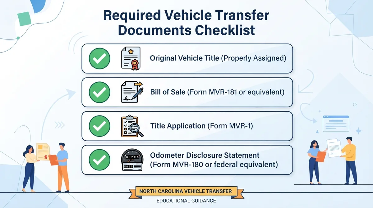 A checklist of required documents for transferring a vehicle title in North Carolina.