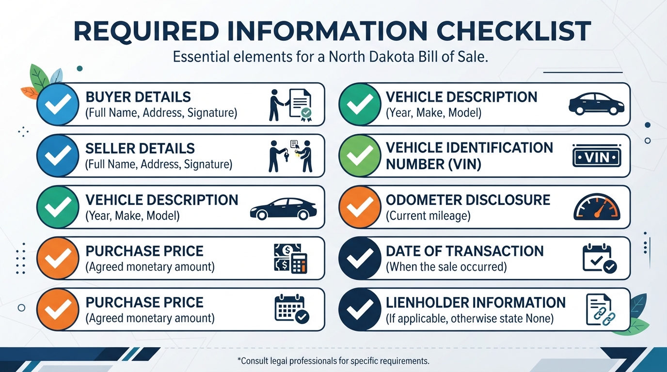 Checklist of essential requirements for a North Dakota Bill of Sale