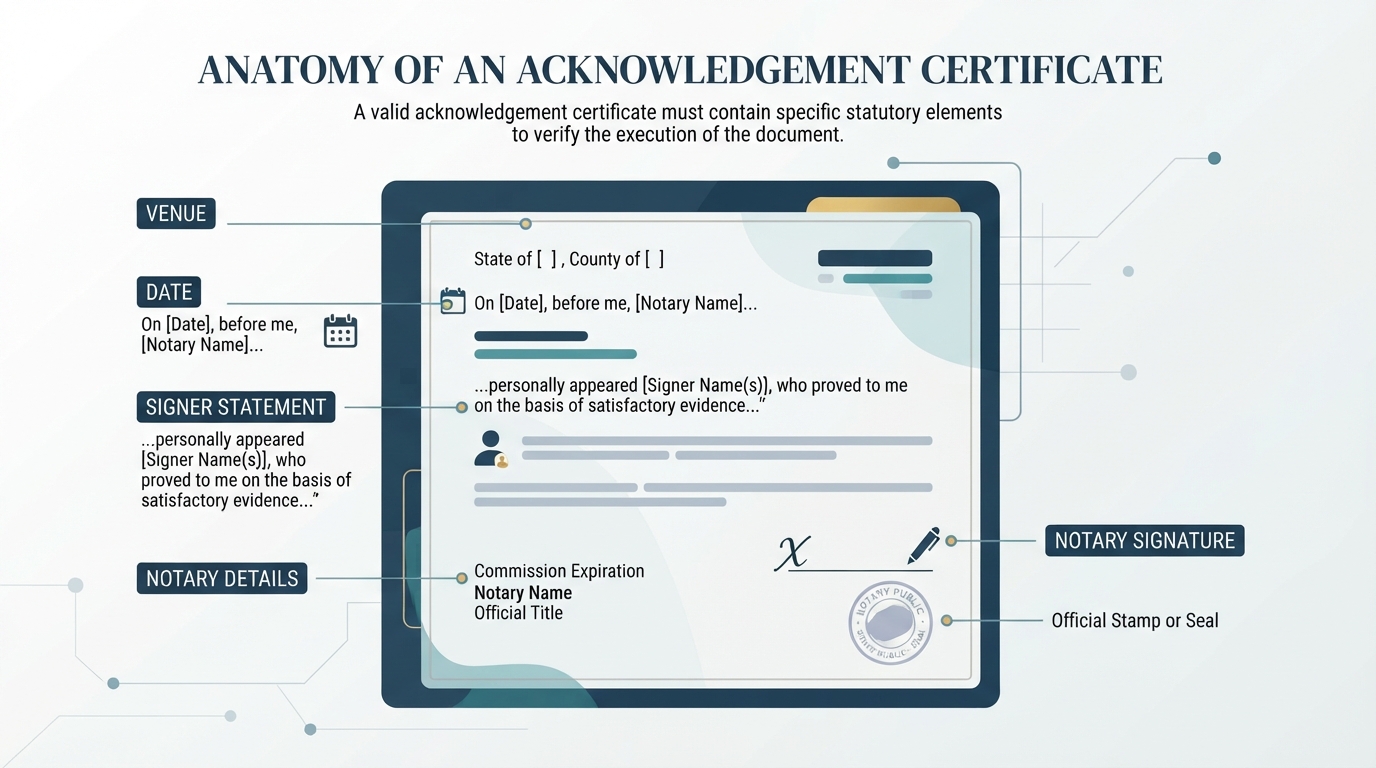 Diagram displaying the standard layout and essential components of a notary acknowledgement certificate.