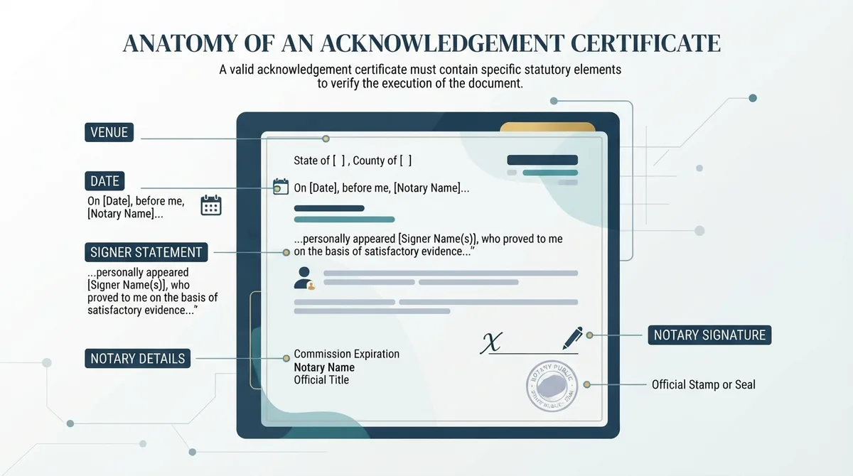 Diagram displaying the standard layout and essential components of a notary acknowledgement certificate.
