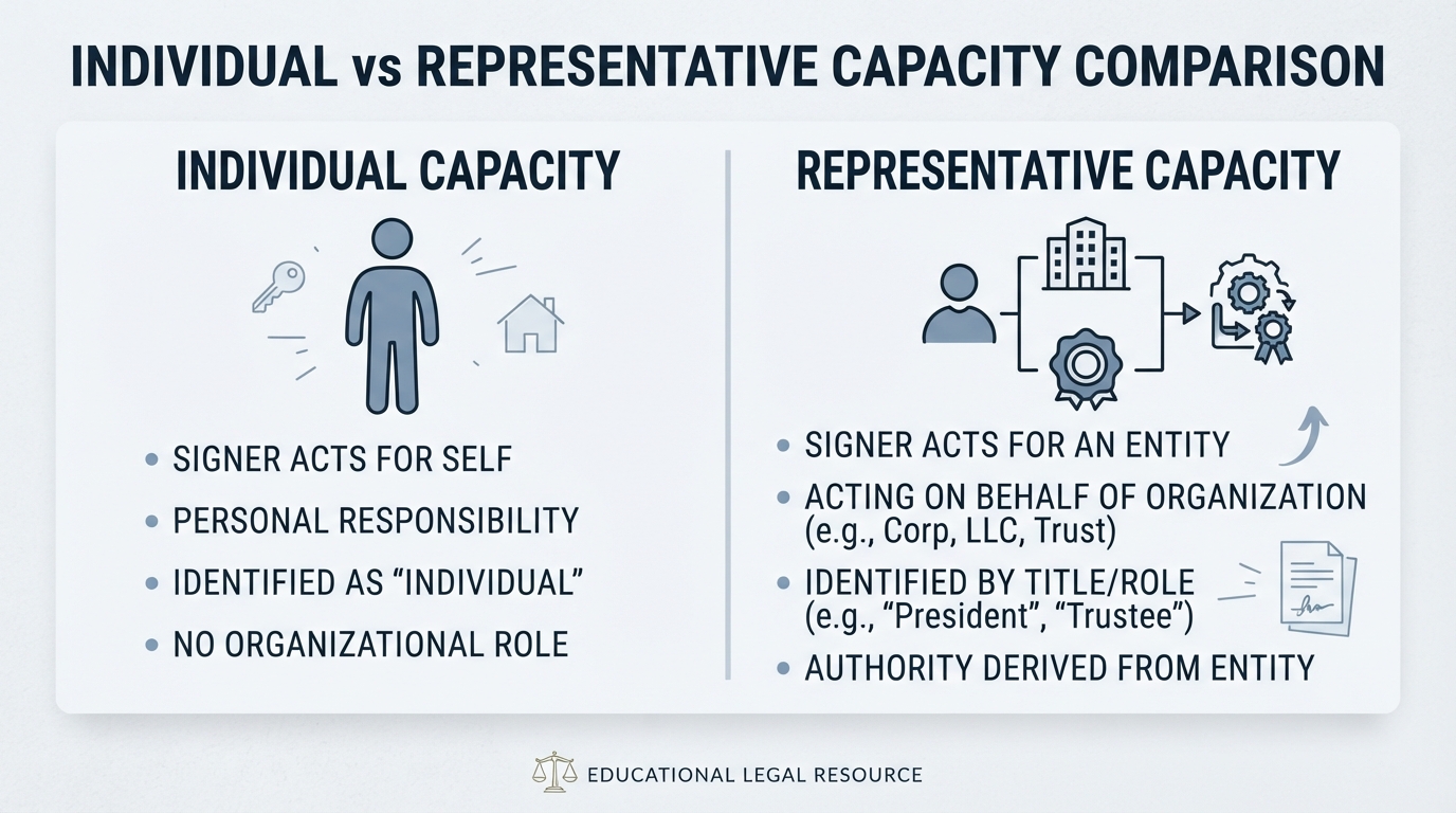 Comparison graphic illustrating the differences between individual capacity and representative capacity in notary acknowledgements.