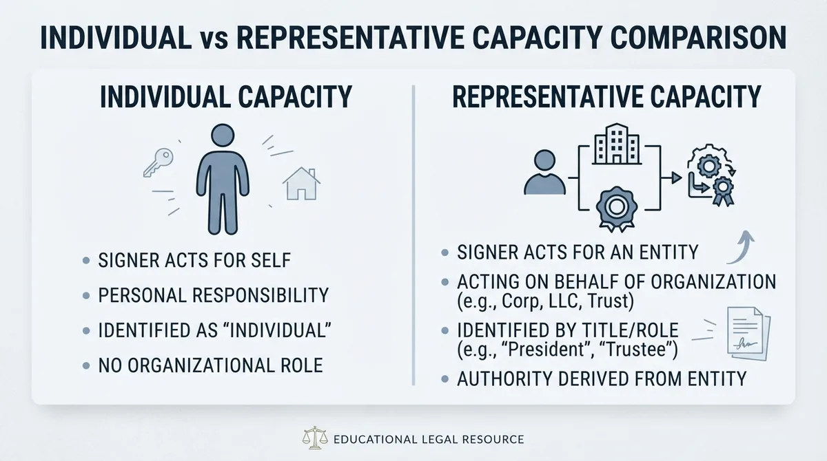 Comparison graphic illustrating the differences between individual capacity and representative capacity in notary acknowledgements.