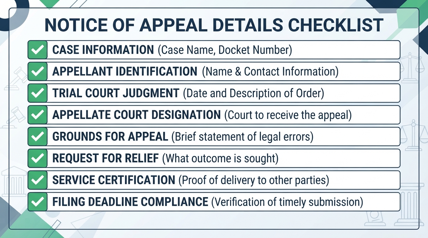 Checklist of details commonly addressed in a Notice of Appeal.