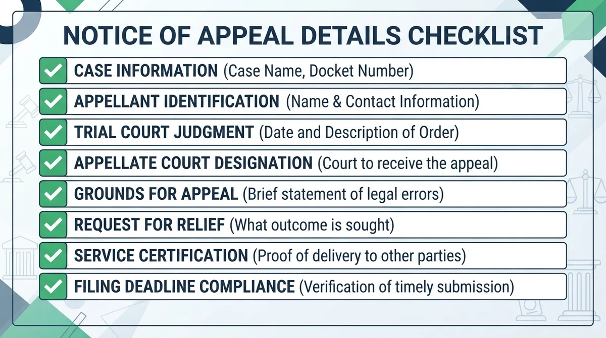 Checklist of details commonly addressed in a Notice of Appeal.