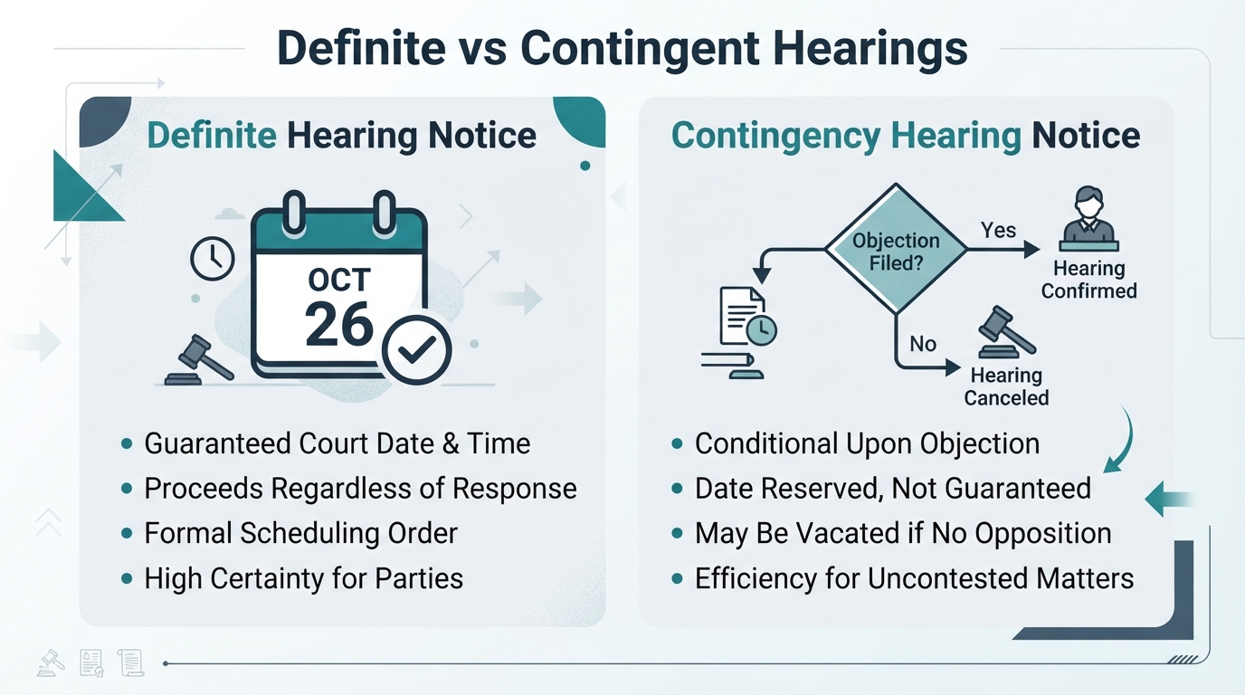 Comparison between a definite hearing notice and a contingency hearing notice