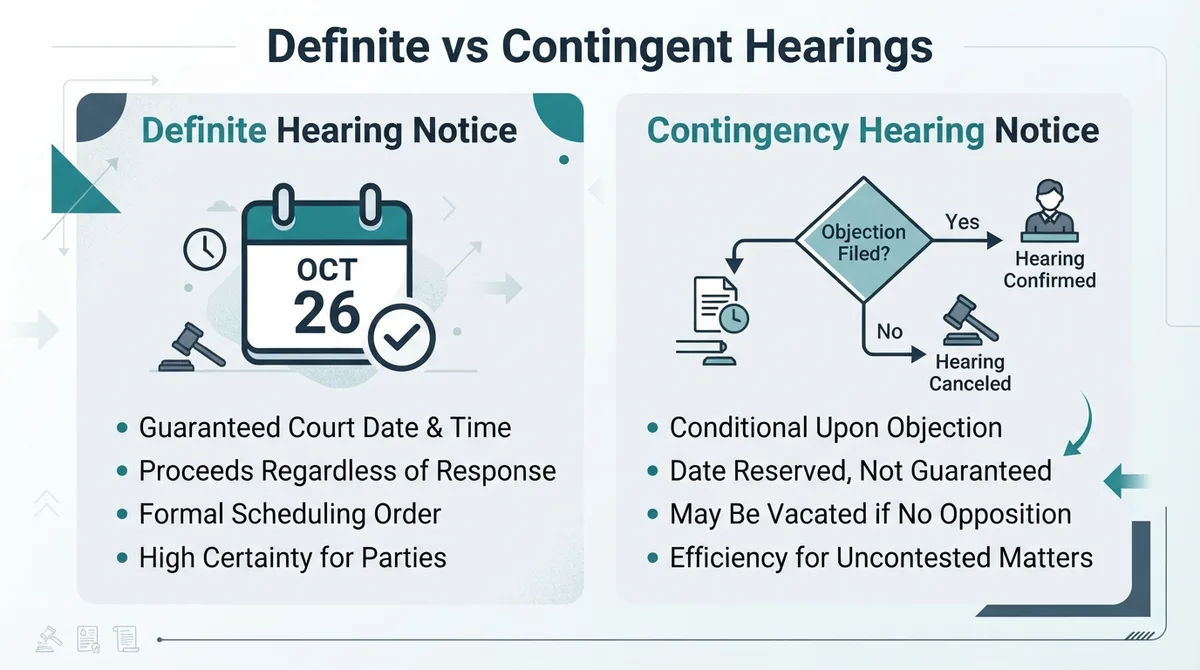 Comparison between a definite hearing notice and a contingency hearing notice