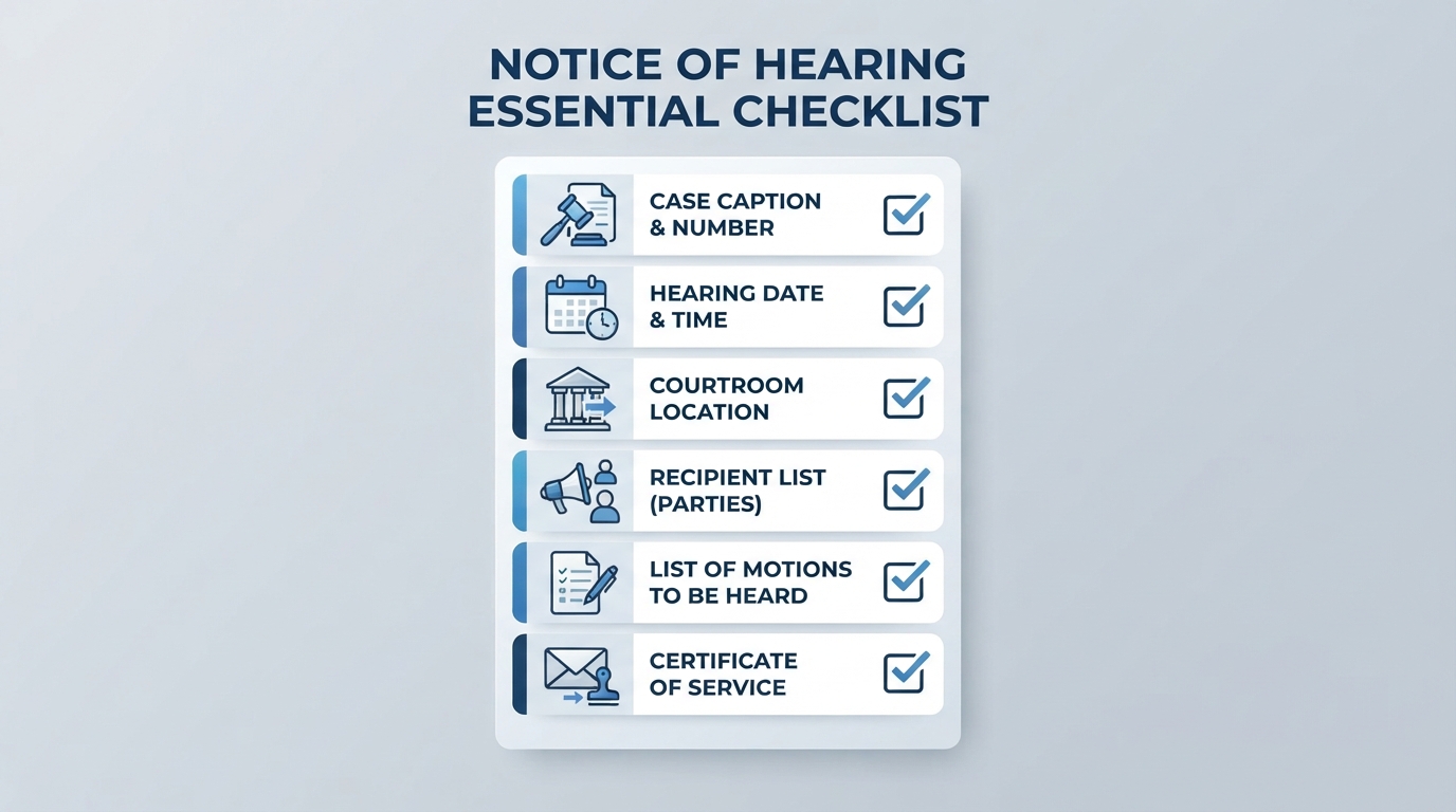 Checklist of key elements required in a Notice of Hearing form