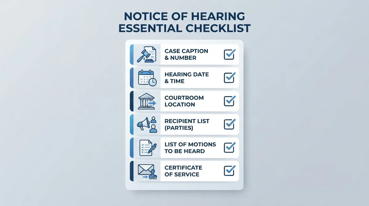 Checklist of key elements required in a Notice of Hearing form