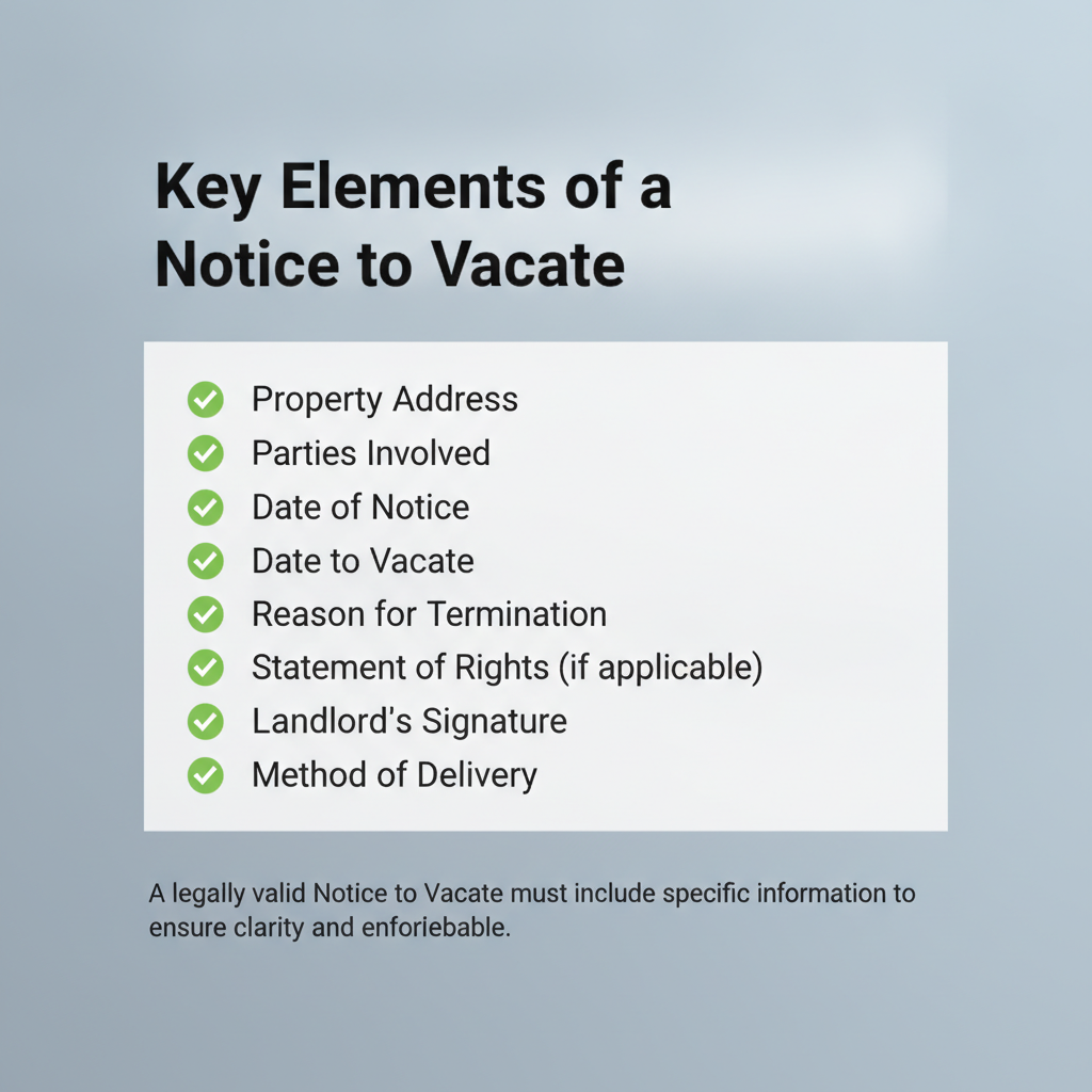 Checklist graphic outlining the key elements required in a legally valid Notice to Vacate, such as property address, dates, reason, and signatures.