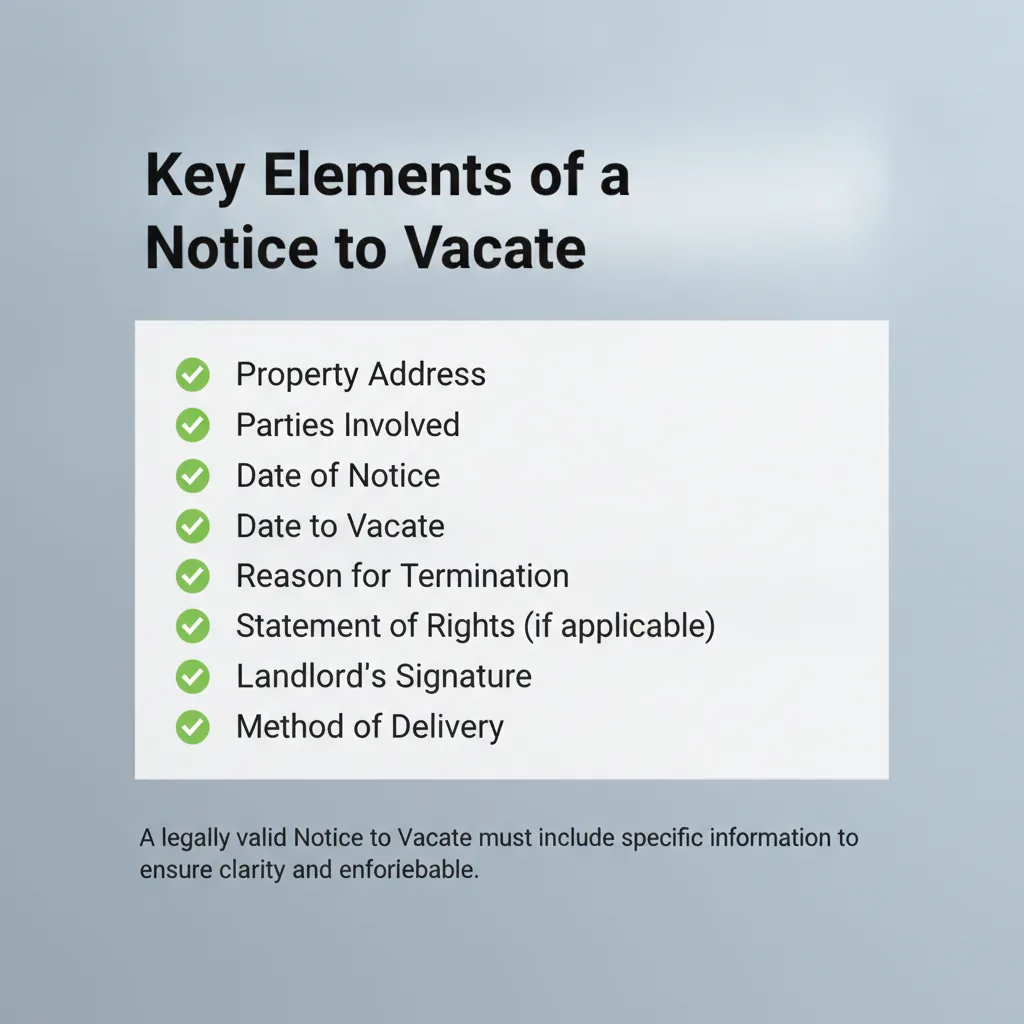 Checklist graphic outlining the key elements required in a legally valid Notice to Vacate, such as property address, dates, reason, and signatures.