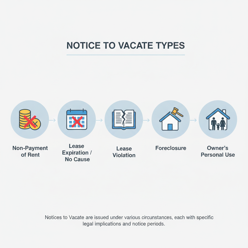 Diagram showing different types of Notices to Vacate based on common scenarios like non-payment, lease expiration, or owner's use.