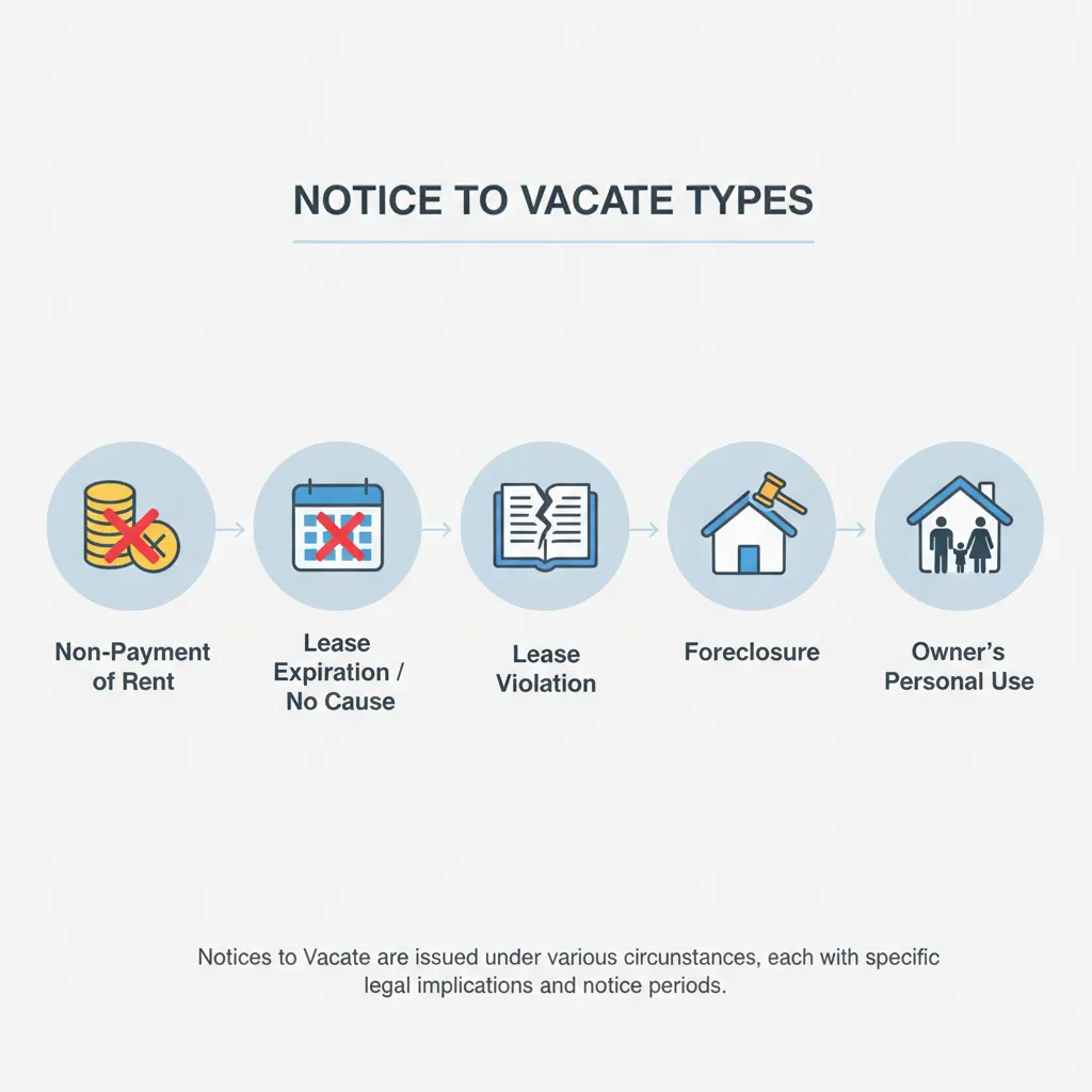 Diagram showing different types of Notices to Vacate based on common scenarios like non-payment, lease expiration, or owner's use.