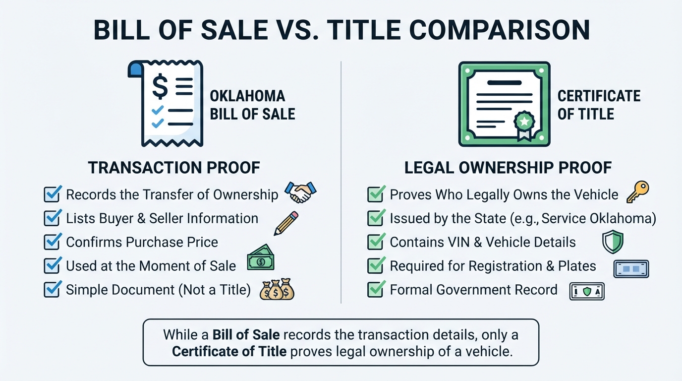 Comparison graphic showing the differences between an Oklahoma Bill of Sale and a Certificate of Title.