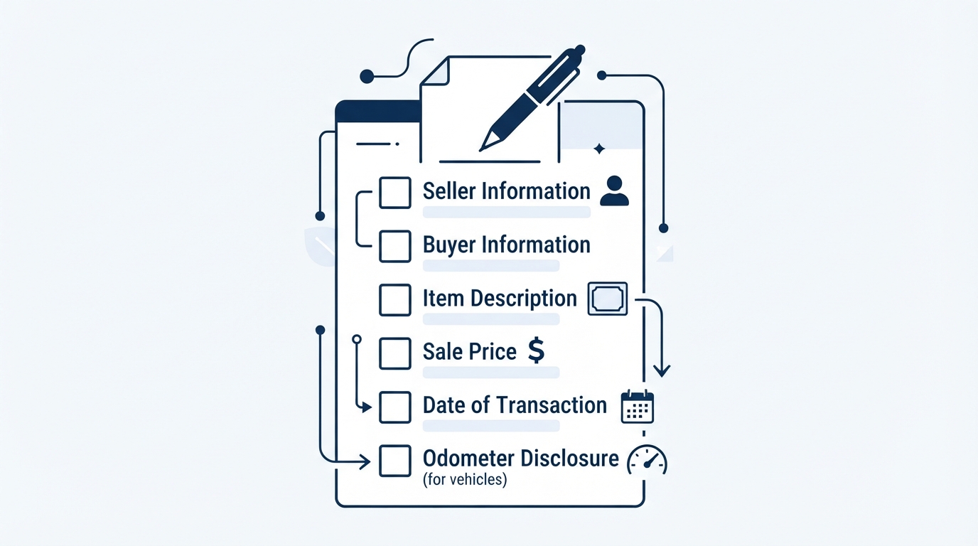 Checklist graphic outlining the key components of an Oregon Bill of Sale document.
