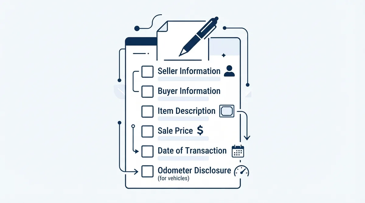 Checklist graphic outlining the key components of an Oregon Bill of Sale document.