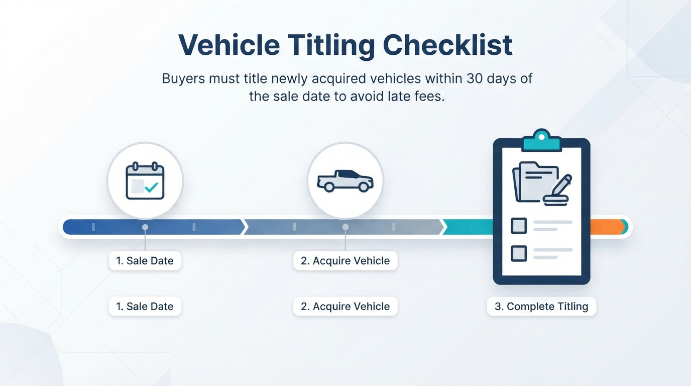 Checklist graphic highlighting the 30-day vehicle titling deadline in Oregon.