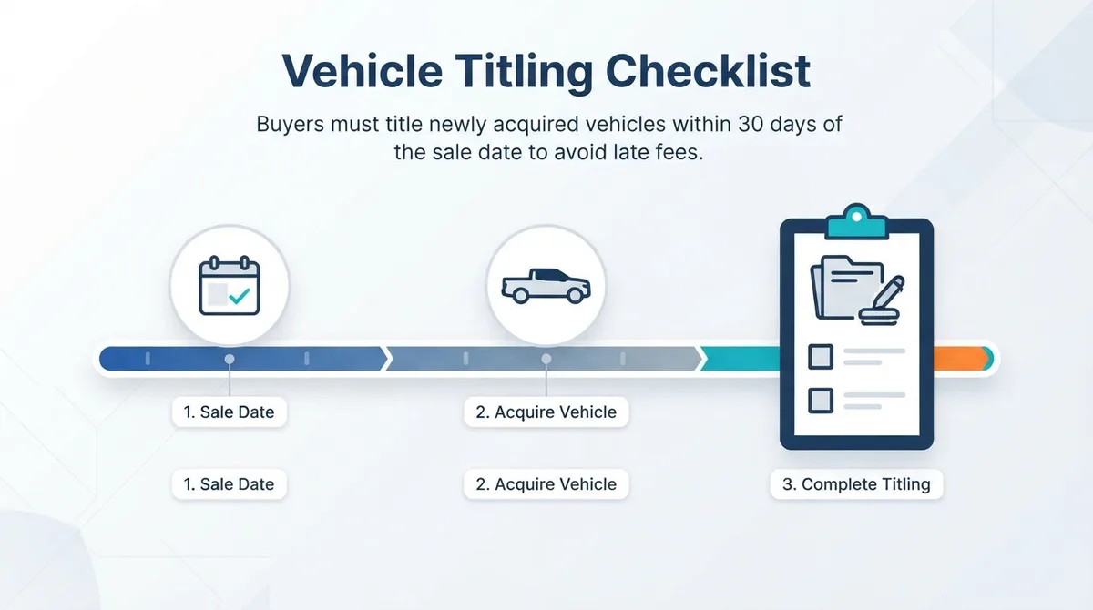 Checklist graphic highlighting the 30-day vehicle titling deadline in Oregon.
