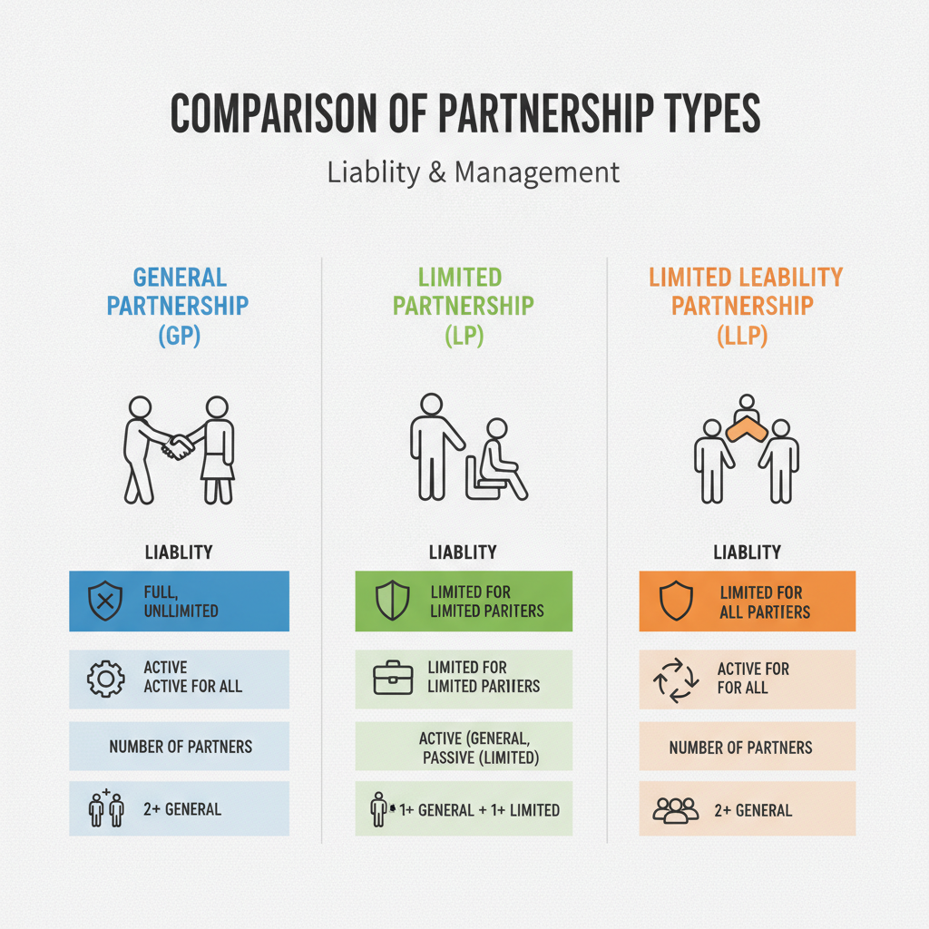 Comparison table illustrating differences between General, Limited, and Limited Liability Partnerships regarding liability and management.