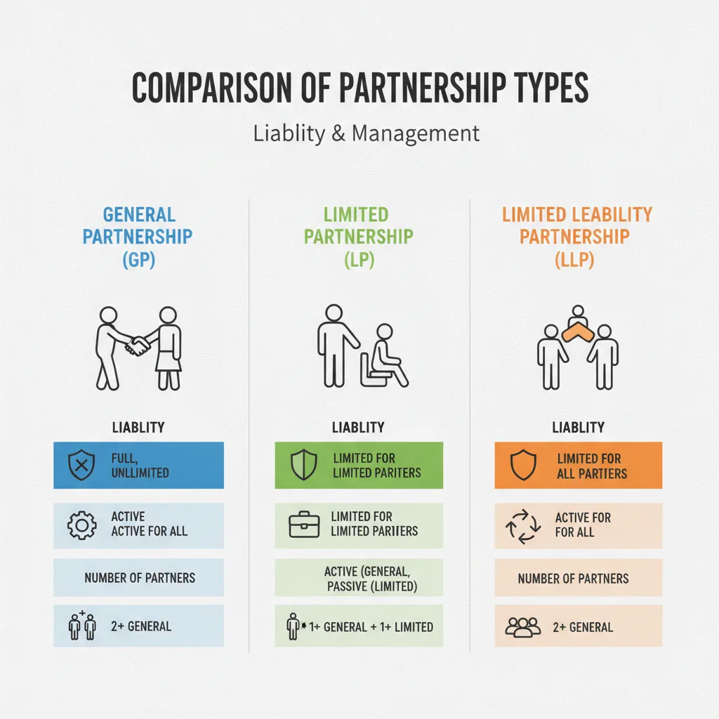 Comparison table illustrating differences between General, Limited, and Limited Liability Partnerships regarding liability and management.